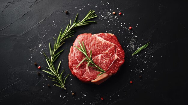 Un morceau de steak de viande de bison séchée crue en gros plan avec des herbes et des épices sur fond noir avec un espace de copie