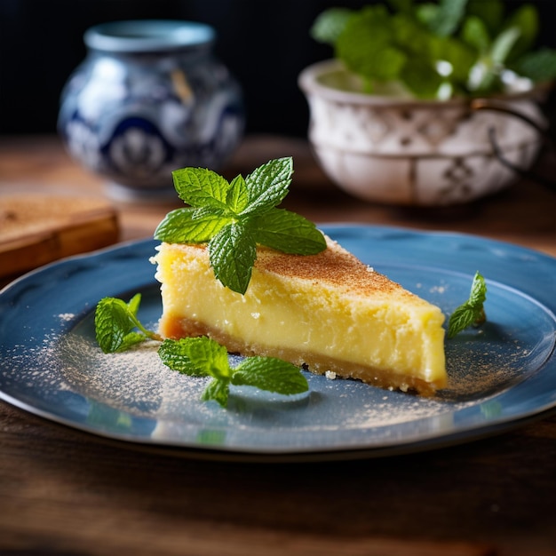 Un morceau de tarte au citron avec de la menthe sur l'assiette