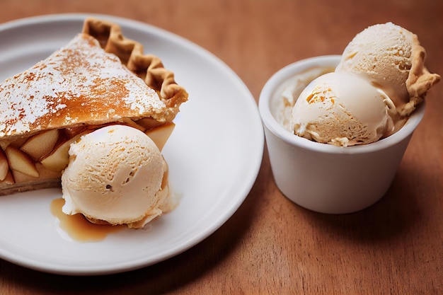 Morceau de tarte aux pommes avec glace sur plaque sur table