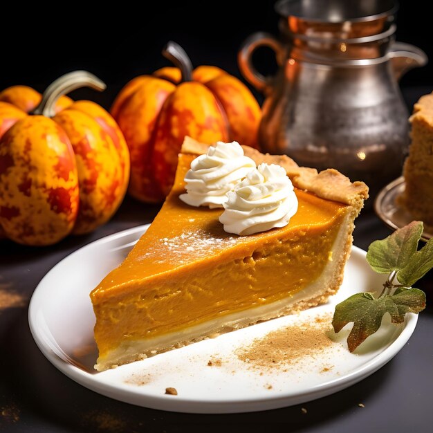 Un morceau de tarte à citrouille avec meringue sur une assiette avec du miel et de la citrouille en arrière-plan Citrouille comme plat d'action de grâce pour la récolte