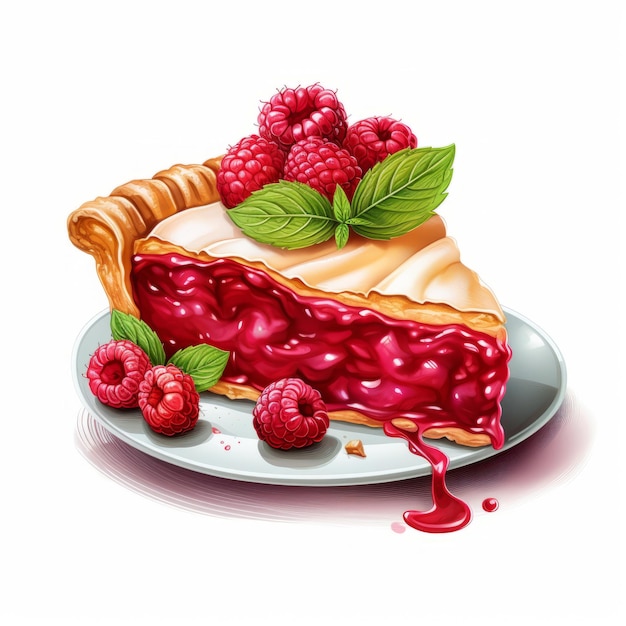 un morceau de tarte avec des framboises et des feuilles de menthe sur une assiette