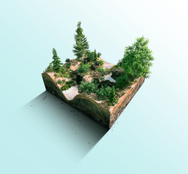 Morceau de terre 3D de terres de forêts tropicales naturelles rendu 3d de forêt verte isolée sur un morceau de terre