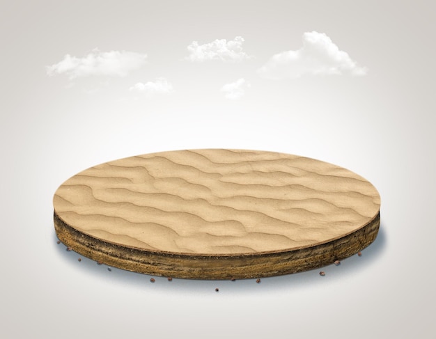 morceau de terre isométrique avec surface de sable isolée avec des nuages. maquette d'île de tranche isométrique du désert