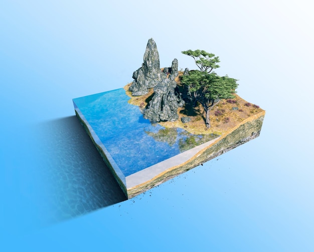 Morceau de terre tropicale d'arbres verts et bord de mer Coupe transversale découpée avec rendu 3d Micro monde