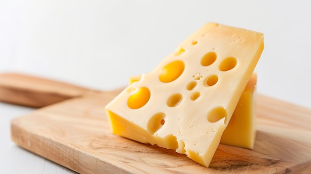 morceau triangulaire de fromage suisse de lait de vache jaune avec des trous découpés sur la planche à couper IA générative