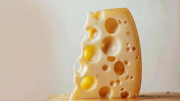 morceau triangulaire de fromage suisse de lait de vache jaune avec des trous découpés sur la planche à couper IA générative