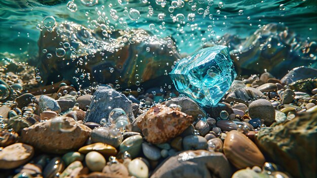 Un morceau de verre de mer bleu et blanc repose parmi les rochers et les pierres semi-précieuses