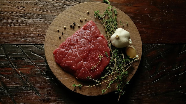 Un morceau de viande de bœuf crue, du thym et de l'ail sur une table en bois