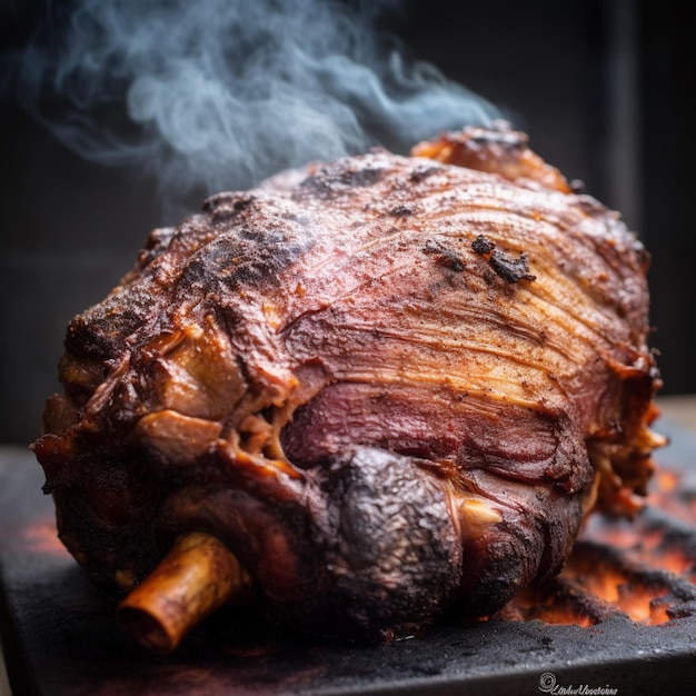 Un morceau de viande avec de la fumée qui en sort