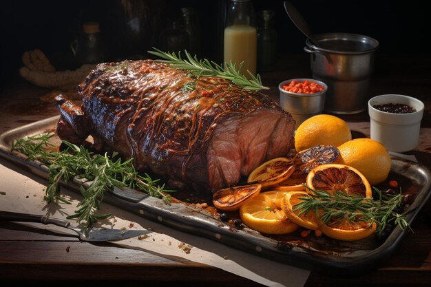 Morceau de viande rôtie sur le bureau de découpe