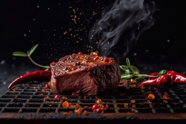 Un morceau de viande de steak avec des épices sur une grille de gril Feu de fumée Viande grillée Generative AI