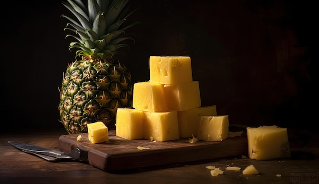 morceaux d'ananas en cubes sur une planche dans le style d'un clair-obscur lourd