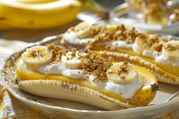 Photo des morceaux de banane salés surmontés de yogourt et de granola