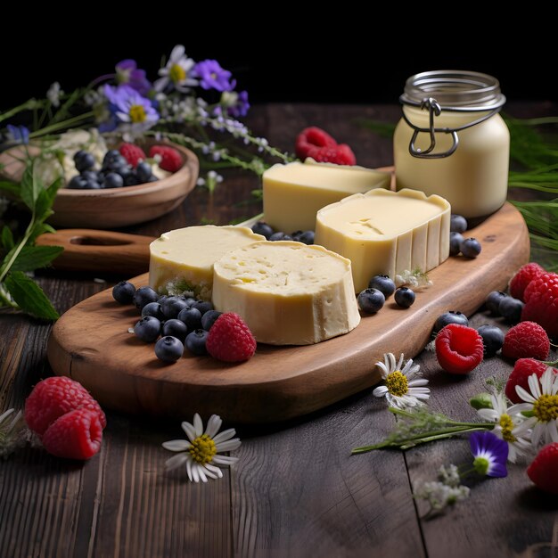 Morceaux de beurre et de fromage au beurre avec des baies sur une planche de bois prête à préparer une planche à beurre