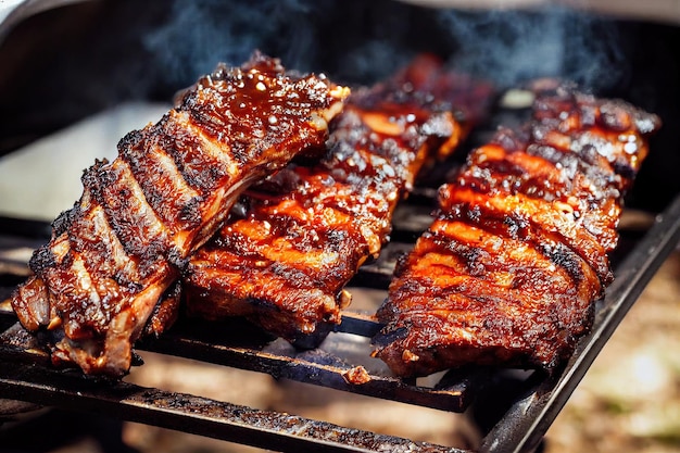 Morceaux de boeuf juteux à croûte dorée posés sur un grill de fumeur