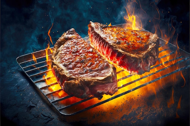 Morceaux de boeuf juteux à croûte dorée posés sur un grill de fumeur