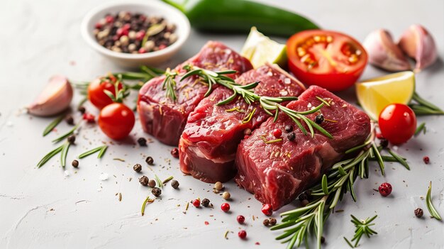 Des morceaux de bœuf ou de porc avec du romarin et du poivre sur une table blanche près de la viande de bœuvier fraîche avec des épices