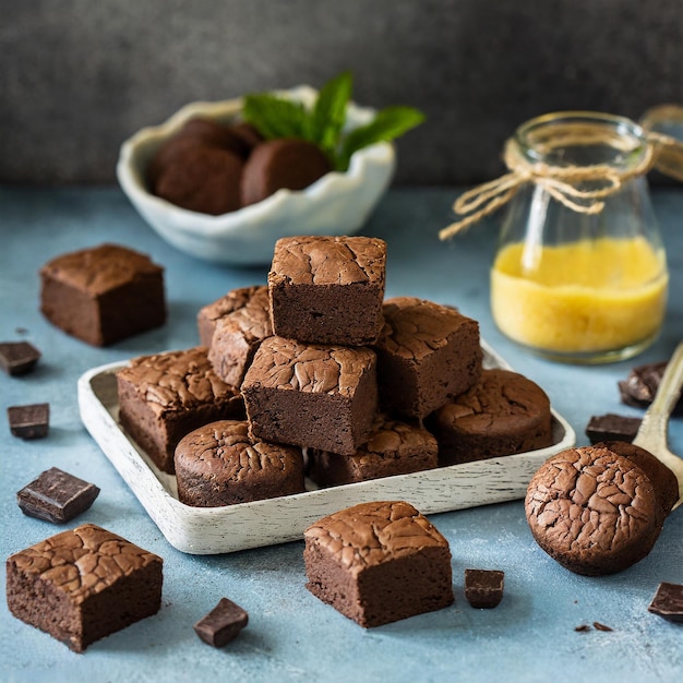 Des morceaux de brownie frais sur un fond blanc une délicieuse tarte au chocolat