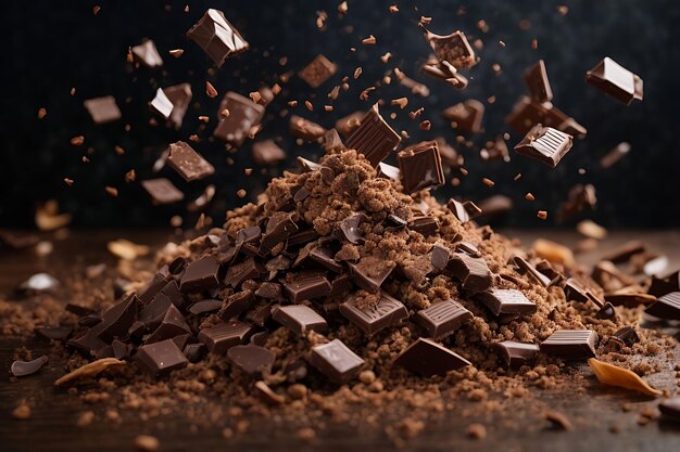 Des morceaux de chocolat écrasés volants des morceaux délicieux de chocolat brun foncé frais