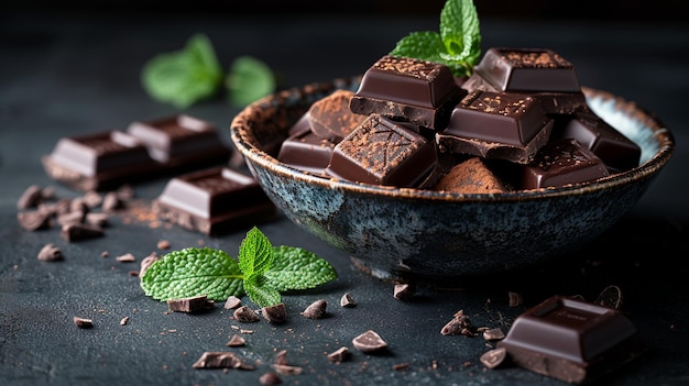 morceaux de chocolat liés avec de la menthe sur la table espace de copie