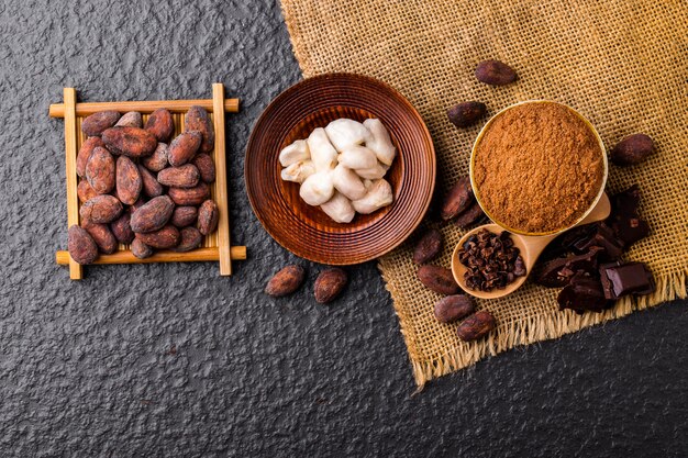 Morceaux de chocolat noir broyés et fèves de cacao, vue de dessus