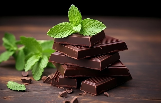 Morceaux de chocolat noir à la menthe sur une table en bois blanc pour la conception de desserts alimentaires