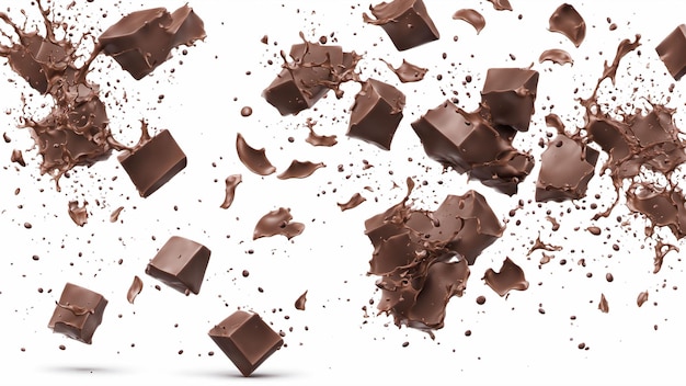 Morceaux de chocolat noir tombant en gros plan sur un fond blanc générés avec l'IA