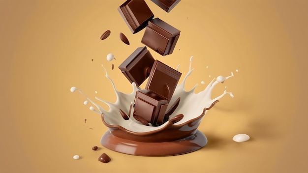 Des morceaux de chocolat tombant sur de la sauce au chocolat et des éclaboussures de crème au lait illustration 3D