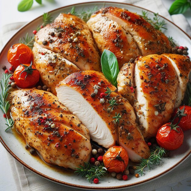 morceaux de filet de poulet cuits au four avec des épices et des herbes dans une assiette sur un fond blanc