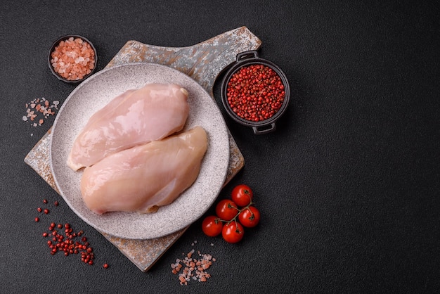 Morceaux de filet de poulet ou de dinde cru avec des épices salées et des herbes
