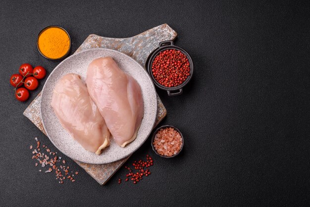 Morceaux de filet de poulet ou de dinde cru avec des épices salées et des herbes