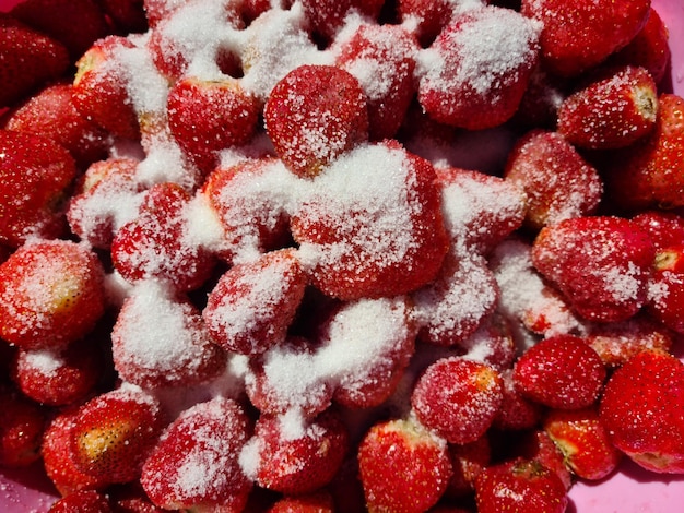 Morceaux de fraises savoureuses fraîches avec du sucre