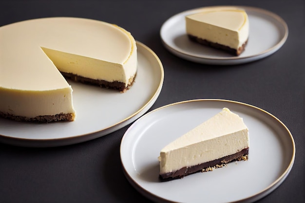 Morceaux de gâteau au fromage à la crème délicate sur plaque blanche