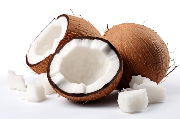 Des morceaux de noix de coco isolés captivants en focus isolés sur un fond blanc