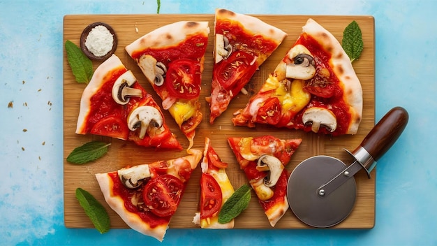 Photo des morceaux de pizza avec des tomates et de l'ail, des champignons épicés, des feuilles de menthe et un coupe-pizza dans une coupe