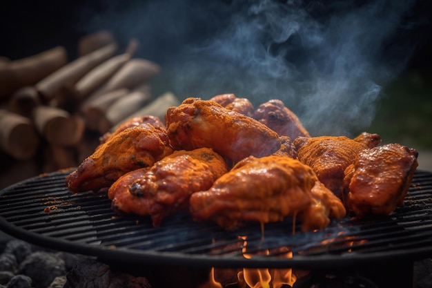 Morceaux de poulet Ailes de poulet sur une grille feu et fumée Cuisson des ailes de buffle AI générative