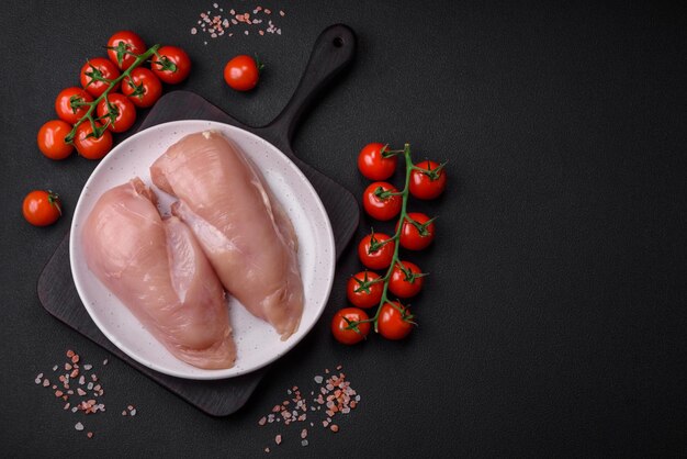 Morceaux de poulet cru ou filet de dinde aux épices et herbes salées