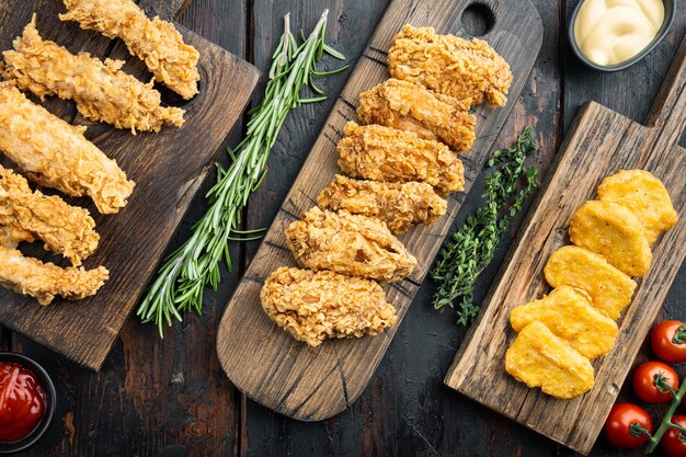 Morceaux de poulet frit pané sur bois foncé