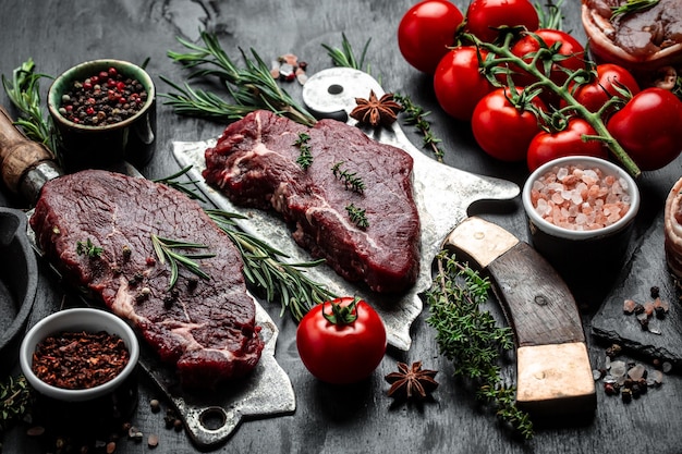 Morceaux de rumsteck cuits aux épices servis sur une poêle à griller Steak de boeuf marbré black Angus Steak de boeuf cru