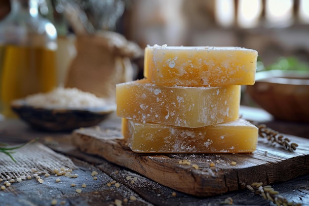 Photo des morceaux de savon faits à la main sur une planche de bois