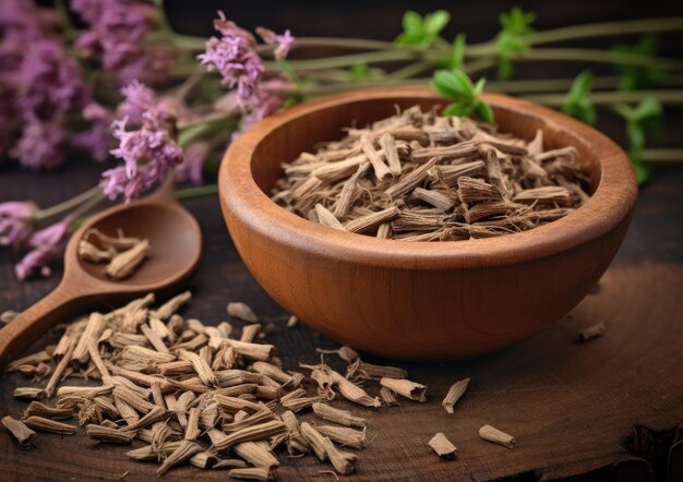 Photo des morceaux séchés de racine de valeriana officinalis utilisés en phytothérapie pour la tranquillité, le sommeil, l'anxiété et le soulagement de la douleur ingrédient du thé