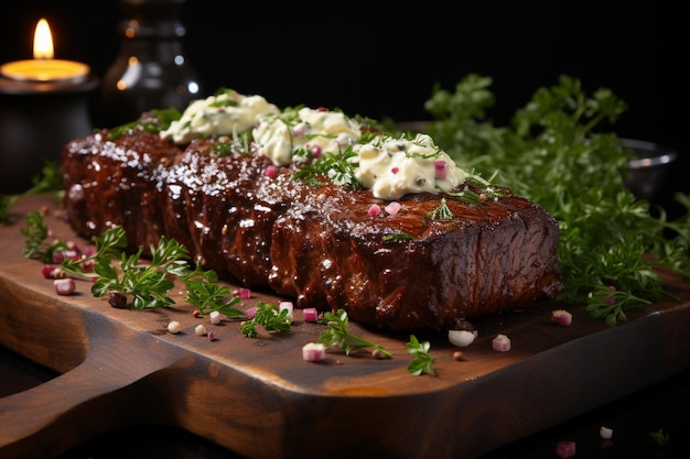 Des morceaux de steak frits sur une planche de bois et de l'ail