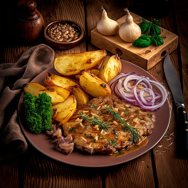 Morceaux de steak de viande avec frites