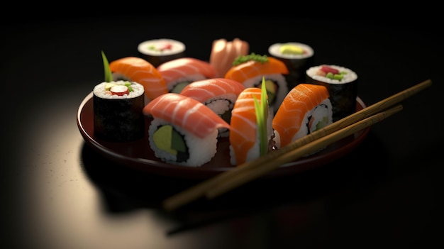 morceaux de sushi avec des baguettes macro objectif éclairage réaliste