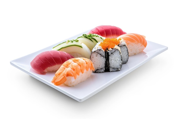 Photo avec des morceaux de sushi sur une plaque de fond blanc
