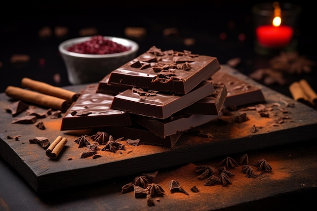 Des morceaux de tablette de chocolat sur une table en bois noir et du cacao saupoudré sur le dessus