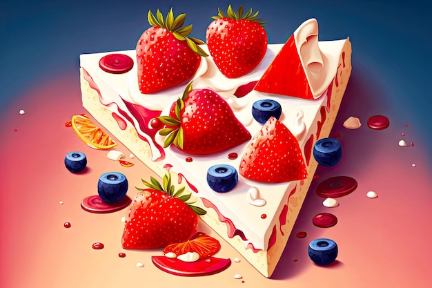 Morceaux triangulaires de gâteau au fromage aux baies avec des tranches de fraises à la crème