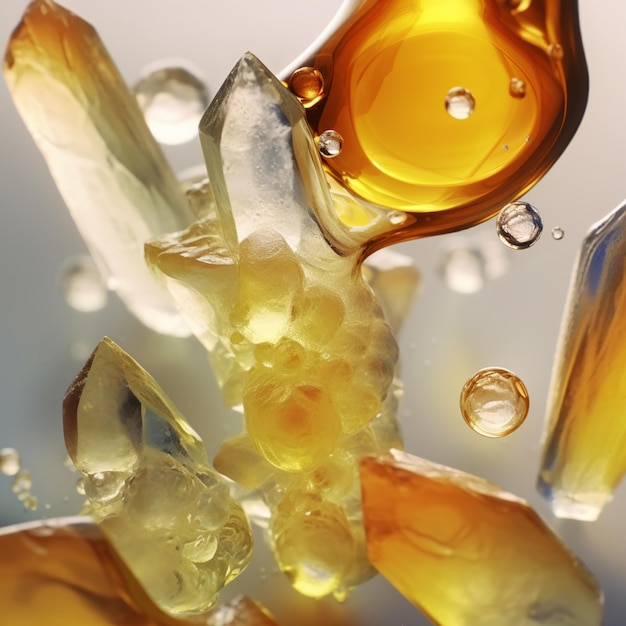 Photo des morceaux de verre officiels de liquide jaune et clair flottant dans un bol génératif ai