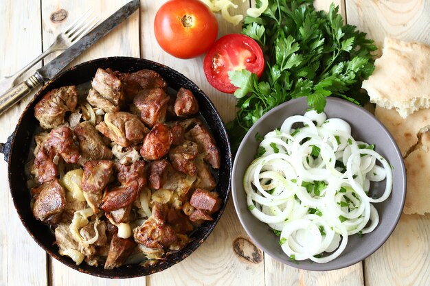 Morceaux de viande frits dans une poêle.