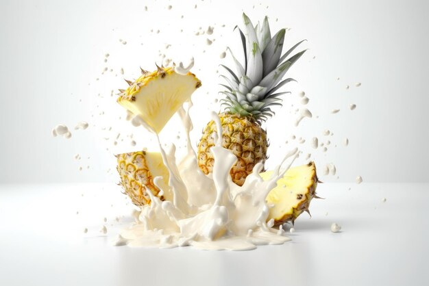 Morceaux volants d'ananas Lévitation de fruits avec crème de lait sur fond blanc AI générative